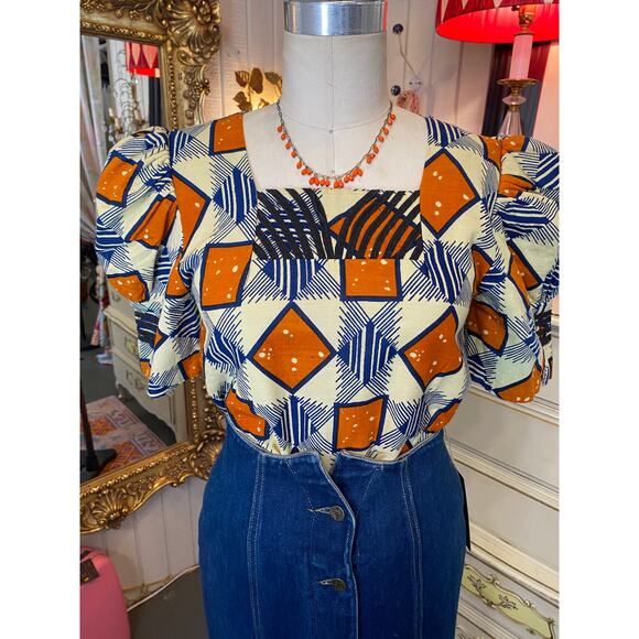vintage block print cotton blouse huge puff sleeves African geometric top med 34 - Picture 2 of 8